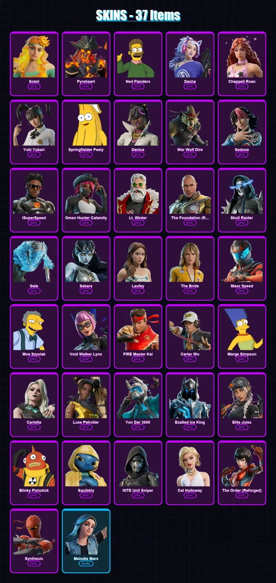 [PC/PSN] | Soleil | Pyreheart | Ned Flanders | Dasha | Chappell Roan | 37 skin | 62 pickaxe | 35 emote | 35 glider | Lv422