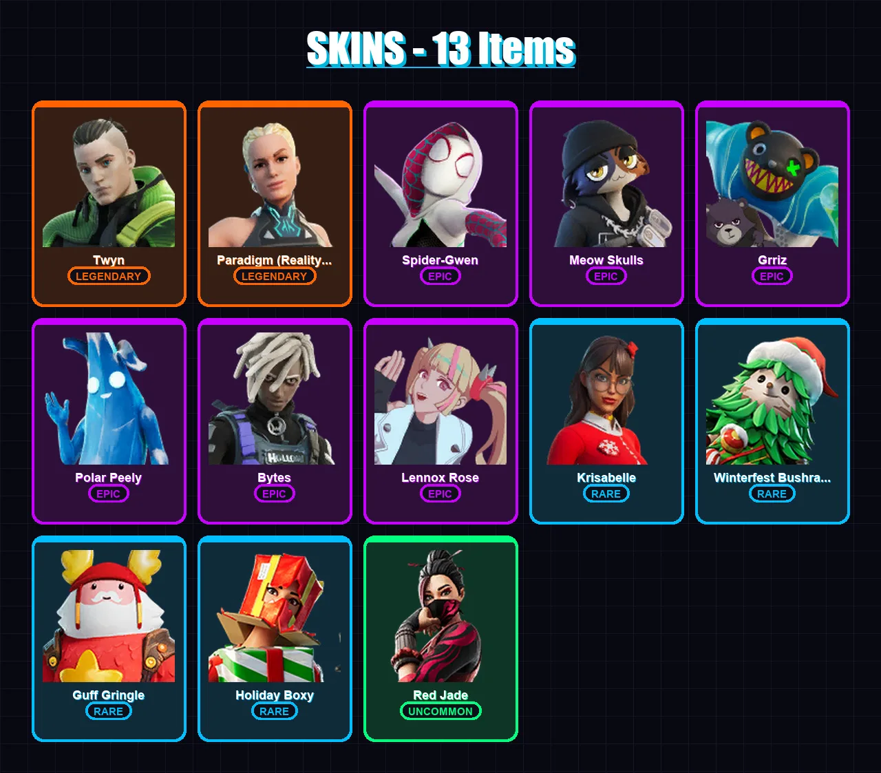 [PC/XBOX/PSN] | Twyn | Paradigm (Reality-659) | Spider-Gwen | Meow Skulls | Grriz | 13 skin | 21 pickaxe | 14 emote | 22 glider | Lv292