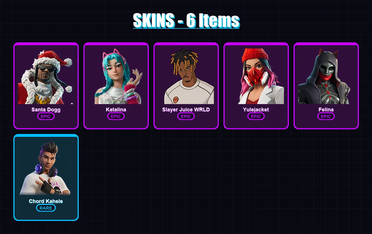 [PC/XBOX/PSN] | Santa Dogg | Katalina | Slayer Juice WRLD | Yulejacket | Felina | 6 skin | 18 pickaxe | 9 emote | 12 glider | Lv149
