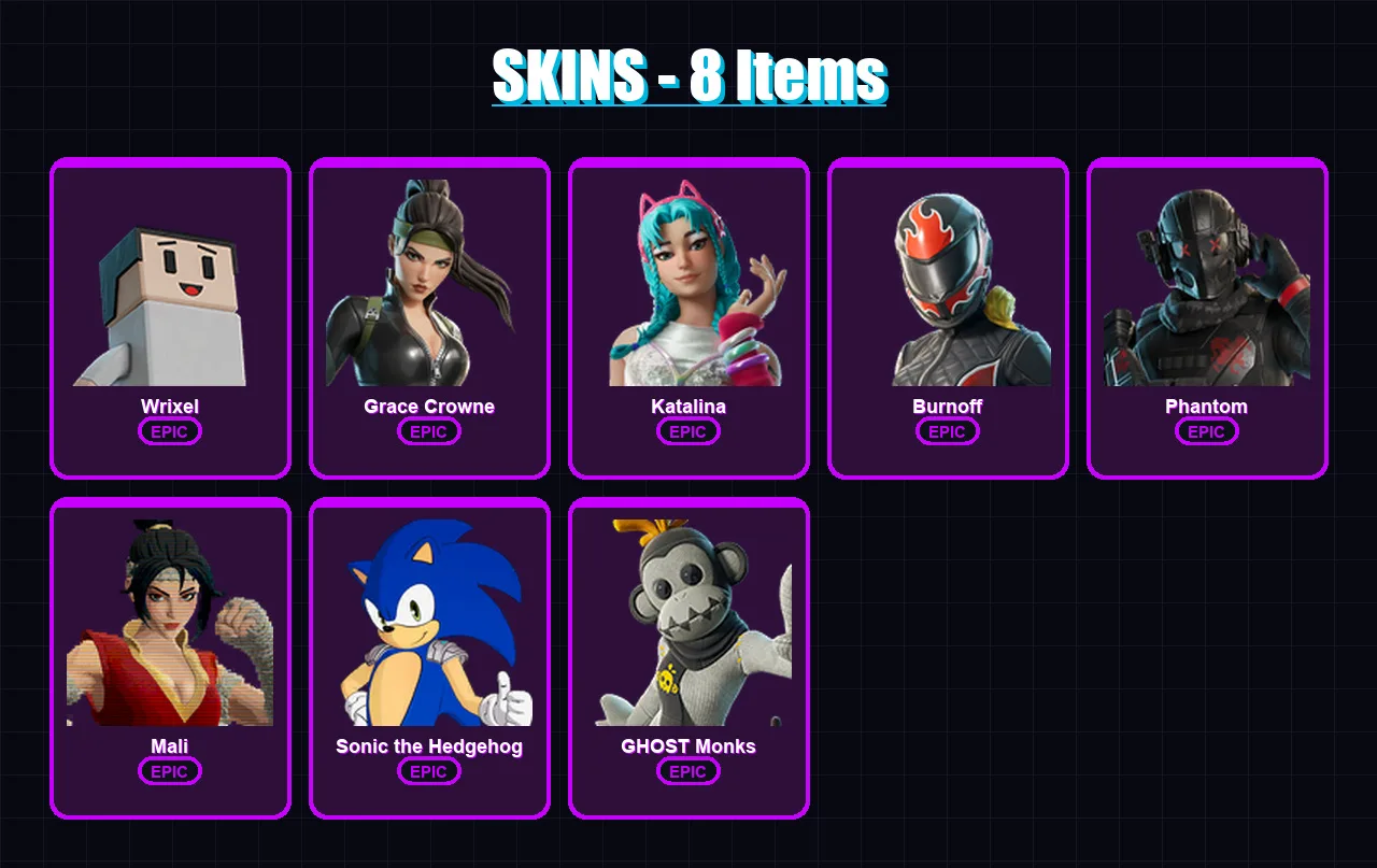 [SWITCH/XBOX/PSN/PC] | Wrixel | Grace Crowne | Katalina | Burnoff | Phantom | 8 skin | 17 pickaxe | 7 emote | 13 glider | Lv230