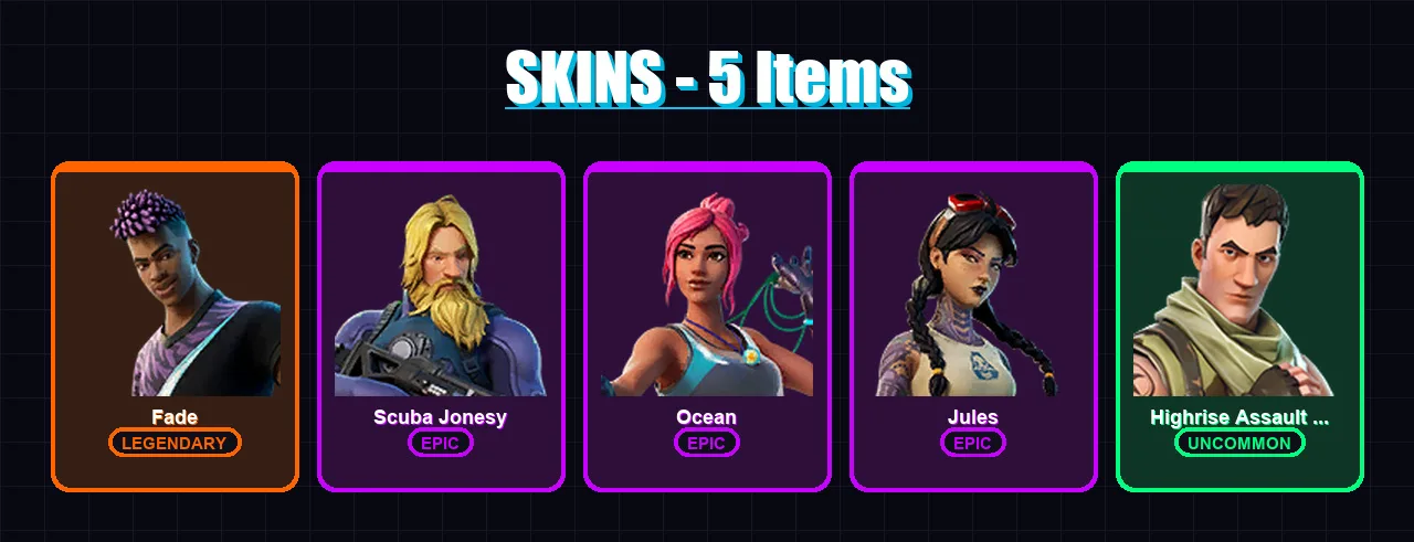 [PC/XBOX/PSN] | Fade | Scuba Jonesy | Ocean | Jules | Highrise Assault Trooper | 5 skin | 5 pickaxe | 9 emote | 8 glider | Lv81