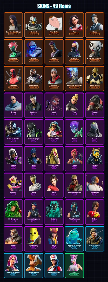 [PC/XBOX/PSN] | Gear Specialist Maya | Sentinel | Peter Griffin | Rox | Midas | 49 skin | 55 pickaxe | 53 emote | 58 glider | Lv760