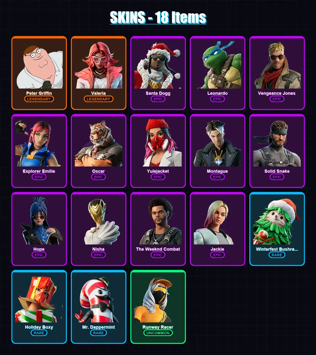 [PS4/PS5/PC] | Peter Griffin | Valeria | Santa Dogg | Leonardo | Vengeance Jones | 18 skin | 31 pickaxe | 17 emote | 27 glider | Lv322