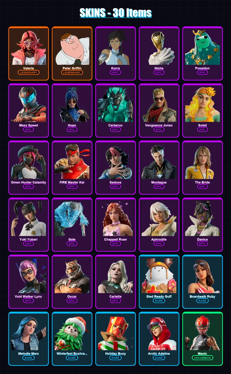 [PC/XBOX/PSN] | Valeria | Peter Griffin | Korra | Nisha | Poseidon | 30 skin | 47 pickaxe | 37 emote | 40 glider | Lv639