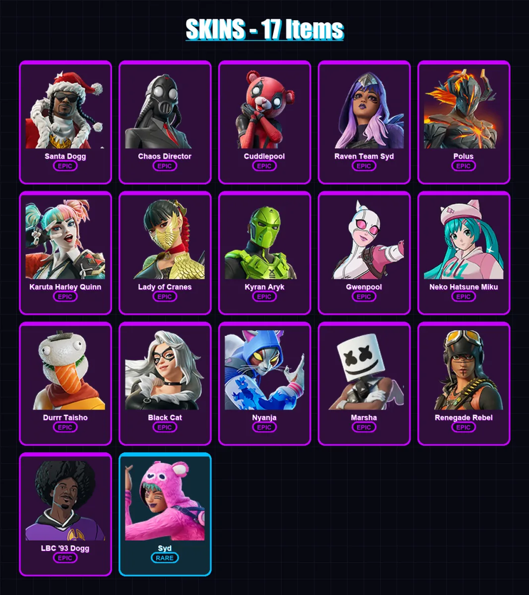 [PC/XBOX/PSN] | Santa Dogg | Chaos Director | Cuddlepool | Raven Team Syd | Polus | 17 skin | 8 pickaxe | 3 emote | 3 glider | Lv7