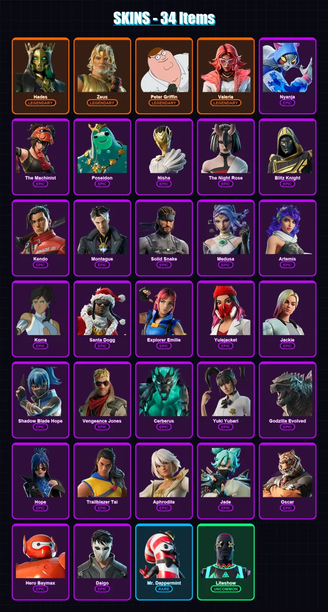 [PC/XBOX/PSN] | Hades | Zeus | Peter Griffin | Valeria | Nyanja | 34 skin | 63 pickaxe | 43 emote | 43 glider | Lv620