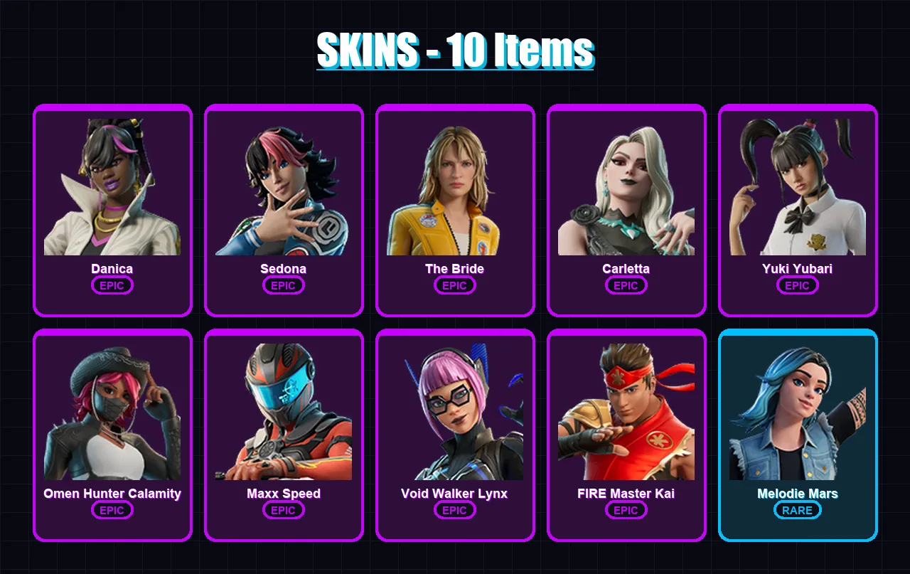 [PC/PSN] | Danica | Sedona | The Bride | Carletta | Yuki Yubari | 10 skin | 7 pickaxe | 3 emote | 4 glider | Lv24