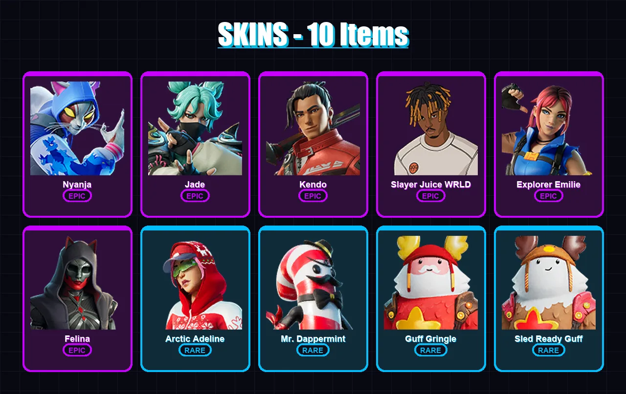 [PC/XBOX/PSN] | Nyanja | Jade | Kendo | Slayer Juice WRLD | Explorer Emilie | 10 skin | 18 pickaxe | 14 emote | 14 glider | Lv144