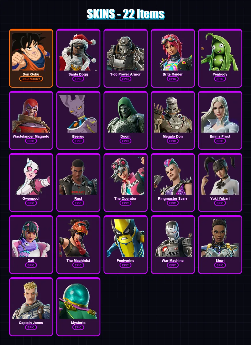[PC] | Son Goku | Santa Dogg | T-60 Power Armor | Brite Raider | Peabody | 22 skin | 40 pickaxe | 29 emote | 27 glider | Lv355
