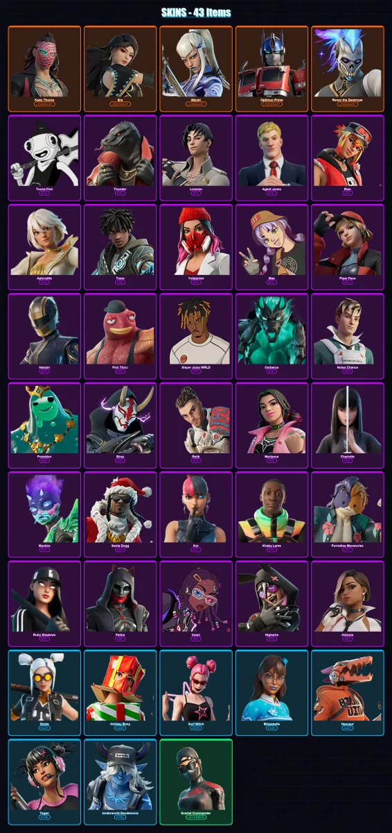 [PC/XBOX/PSN] | Kado Thorne | Era | Mizuki | Optimus Prime | Renzo the Destroyer | 43 skin | 96 pickaxe | 52 emote | 72 glider | Lv1284