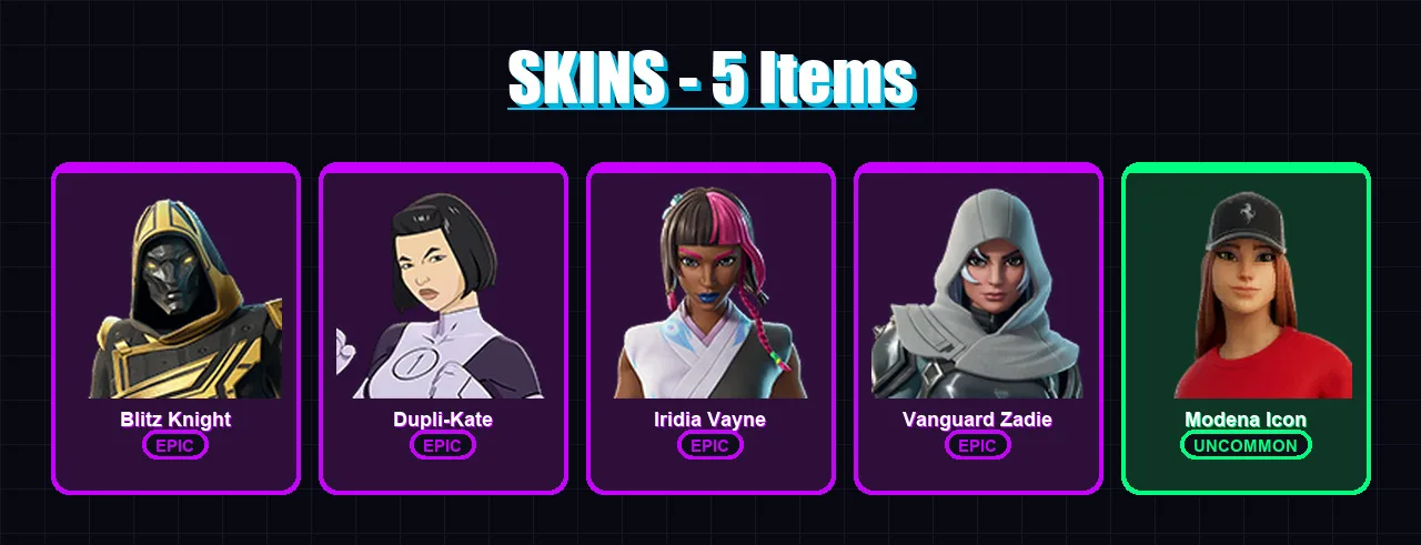 [PC/XBOX/PSN] | Blitz Knight | Dupli-Kate | Iridia Vayne | Vanguard Zadie | Modena Icon | 5 skin | 31 pickaxe | 16 emote | 22 glider | Lv411