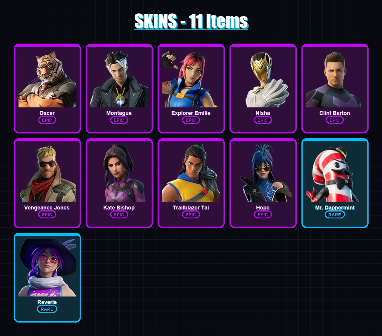 [PC/XBOX/PSN] | Oscar | Montague | Explorer Emilie | Nisha | Clint Barton | 11 skin | 11 pickaxe | 8 emote | 10 glider | Lv96 — Fortnite account