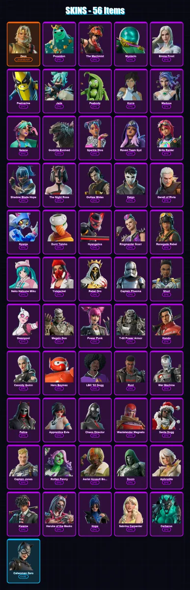[PC/XBOX/PSN] | Zeus | Poseidon | The Machinist | Mysterio | Emma Frost | 56 skin | 72 pickaxe | 58 emote | 48 glider | Lv461