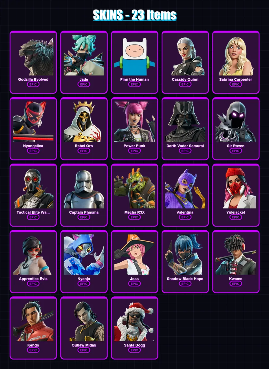 [PC/XBOX/PSN] | Godzilla Evolved | Jade | Finn the Human | Cassidy Quinn | Sabrina Carpenter | 23 skin | 46 pickaxe | 26 emote | 26 glider | Lv202 — Fortnite account