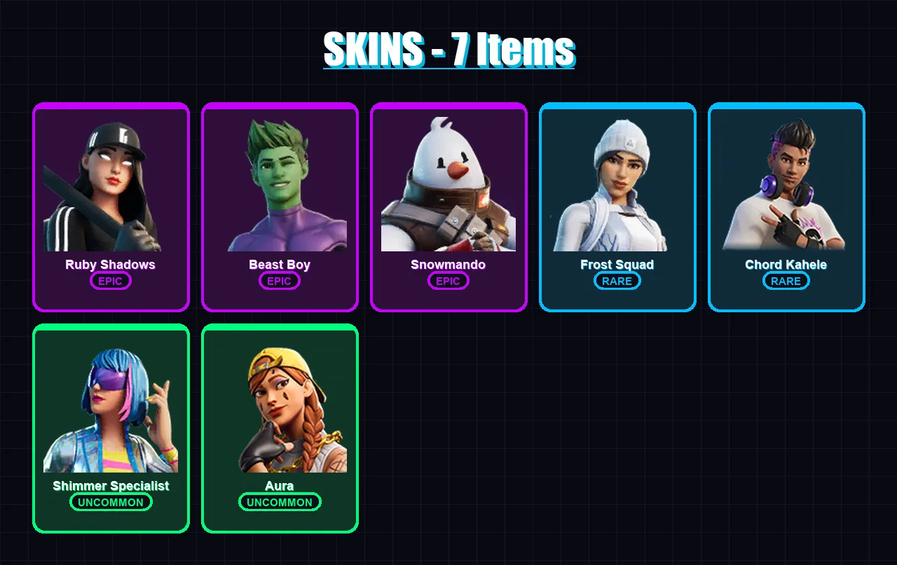 [PC/XBOX/PSN] | Ruby Shadows | Beast Boy | Snowmando | Frost Squad | Chord Kahele | 7 skin | 12 pickaxe | 14 emote | 16 glider | Lv336