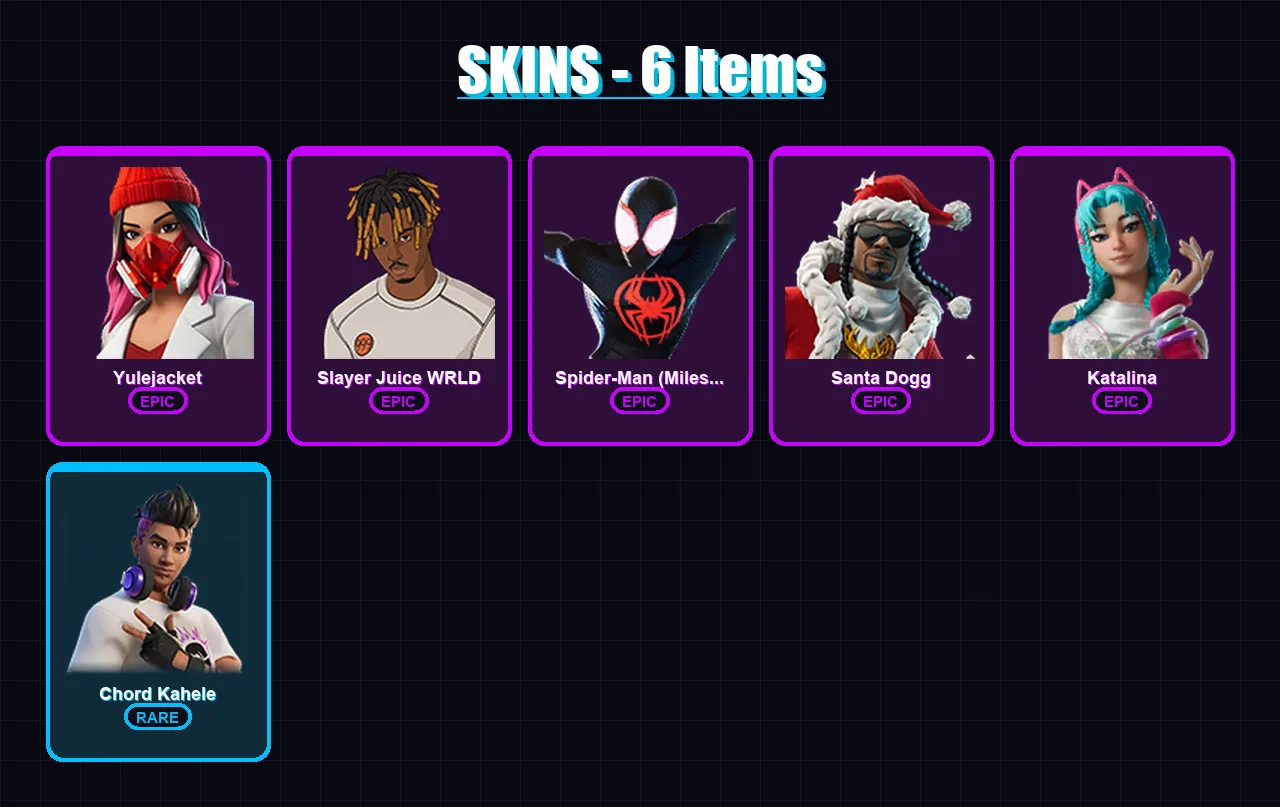 [PC/PSN] | Yulejacket | Slayer Juice WRLD | Spider-Man (Miles Morales) | Santa Dogg | Katalina | 6 skin | 18 pickaxe | 6 emote | 13 glider | Lv125