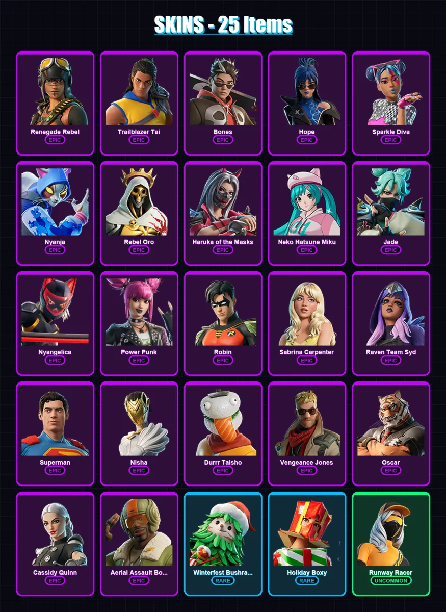 [SWITCH/XBOX/PSN/PC] | Renegade Rebel | Trailblazer Tai | Bones | Hope | Sparkle Diva | 25 skin | 31 pickaxe | 18 emote | 20 glider | Lv254
