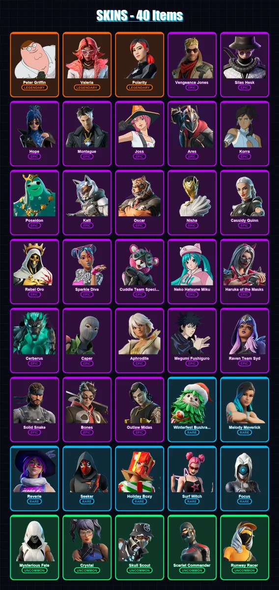 [PC/XBOX] | Peter Griffin | Valeria | Polarity | Vengeance Jones | Silas Hesk | 40 skin | 72 pickaxe | 39 emote | 35 glider | Lv560