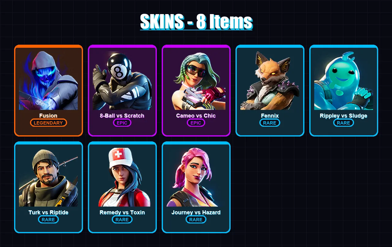 [PS4/PS5/XBOX/PC] | Fusion | 8-Ball vs Scratch | Cameo vs Chic | Fennix | Rippley vs Sludge | 8 skin | 8 pickaxe | 14 emote | 8 glider | Lv225