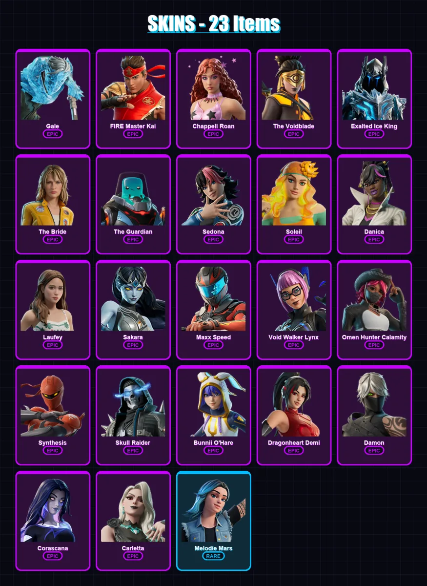 [PC/PSN] | Gale | FIRE Master Kai | Chappell Roan | The Voidblade | Exalted Ice King | 23 skin | 13 pickaxe | 3 emote | 5 glider | Lv24