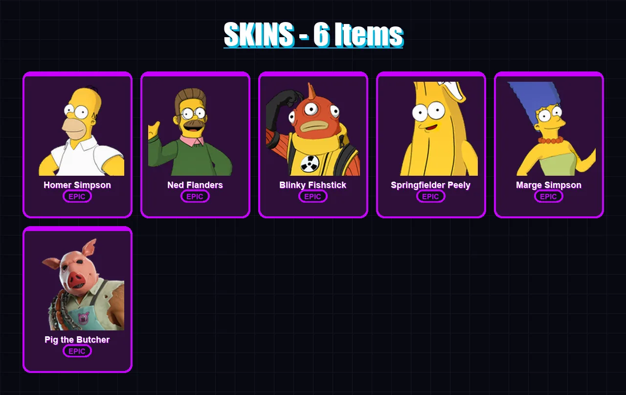 [PC/PSN] | Homer Simpson | Ned Flanders | Blinky Fishstick | Springfielder Peely | Marge Simpson | 6 skin | 22 pickaxe | 11 emote | 18 glider | Lv18