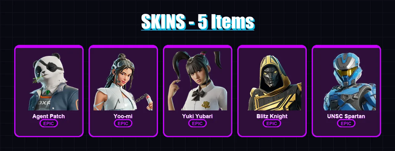 [PS4/PS5/XBOX/PC] | Agent Patch | Yoo-mi | Yuki Yubari | Blitz Knight | UNSC Spartan | 5 skin | 51 pickaxe | 21 emote | 36 glider | Lv482