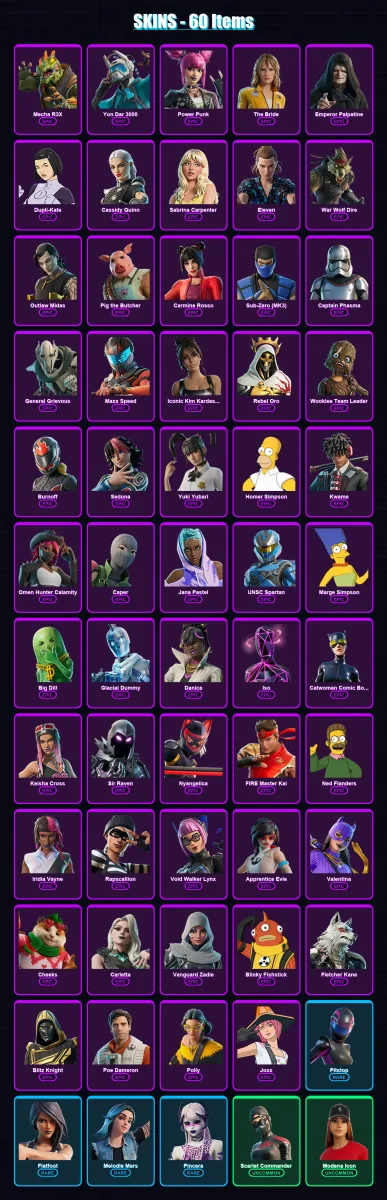 [PC/XBOX/PSN] | Mecha R3X | Yon Dar 3000 | Power Punk | The Bride | Emperor Palpatine | 60 skin | 104 pickaxe | 64 emote | 52 glider | Lv1495