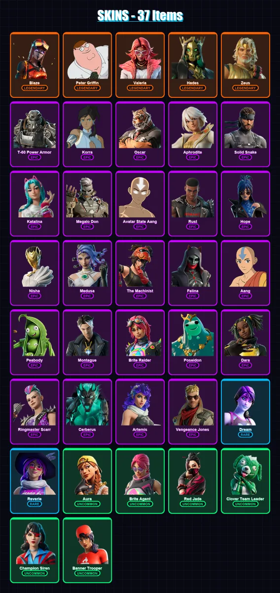 [PC/XBOX/PSN] | Blaze | Peter Griffin | Valeria | Hades | Zeus | 37 skin | 48 pickaxe | 45 emote | 36 glider | Lv800
