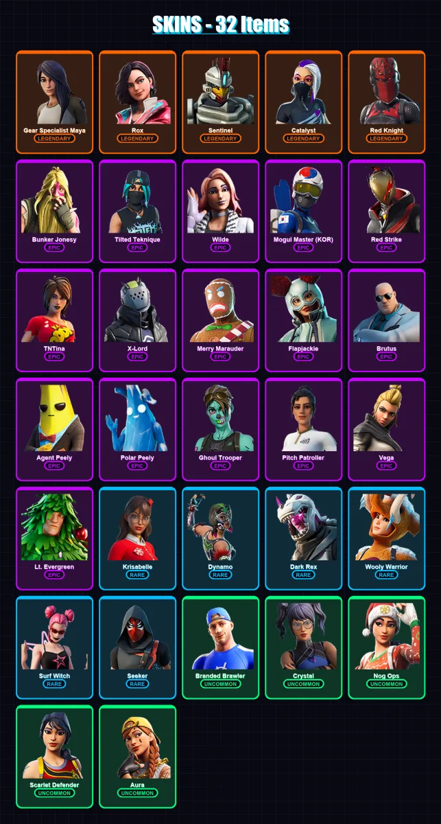 [PS4/PS5/XBOX/PC] | Gear Specialist Maya | Rox | Sentinel | Catalyst | Red Knight | 32 skin | 35 pickaxe | 30 emote | 23 glider | Lv424