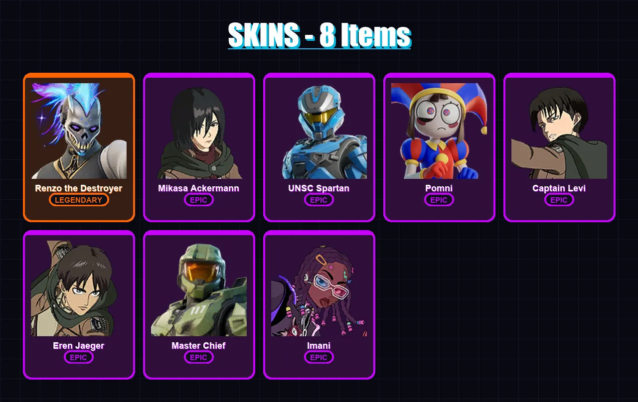 [PC/XBOX] | Renzo the Destroyer | Mikasa Ackermann | UNSC Spartan | Pomni | Captain Levi | 8 skin | 19 pickaxe | 11 emote | 16 glider | Lv114