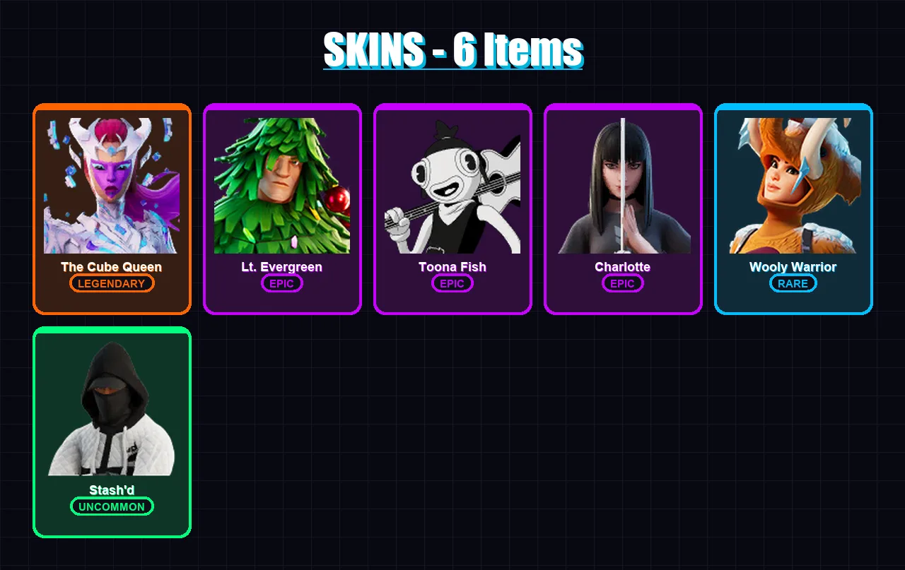 [PC/XBOX] | The Cube Queen | Lt. Evergreen | Toona Fish | Charlotte | Wooly Warrior | 6 skin | 25 pickaxe | 24 emote | 38 glider | Lv720