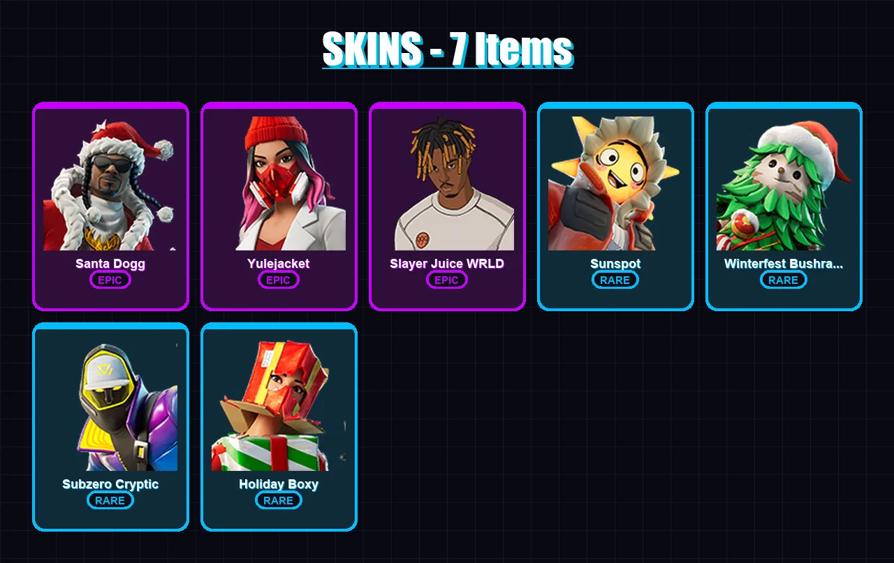 [PS4/PS5/XBOX/PC] | Santa Dogg | Yulejacket | Slayer Juice WRLD | Sunspot | Winterfest Bushranger | 7 skin | 20 pickaxe | 12 emote | 16 glider | Lv2