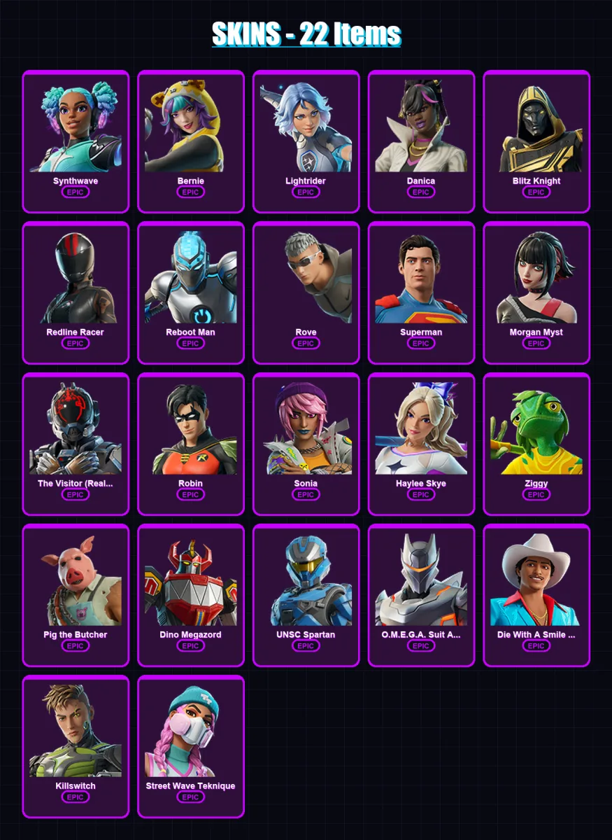 [PS4/PS5/XBOX/PC] | Synthwave | Bernie | Lightrider | Danica | Blitz Knight | 22 skin | 41 pickaxe | 27 emote | 30 glider | Lv277