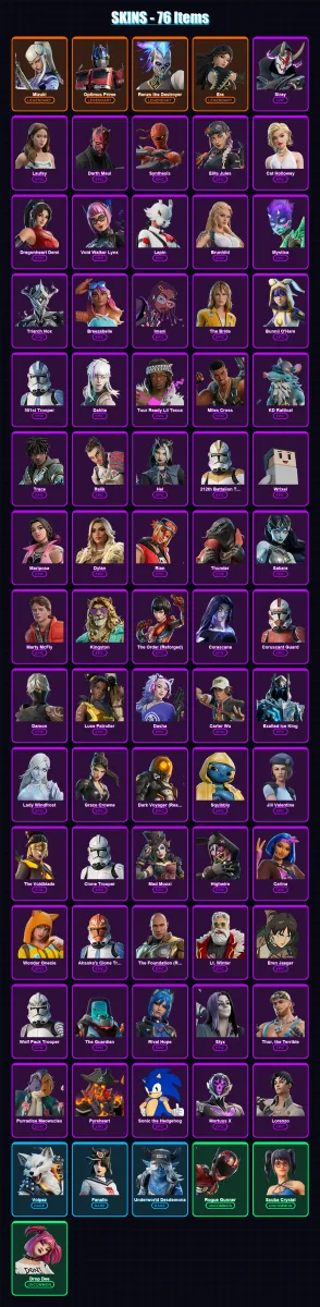 [PC/XBOX/PSN] | Mizuki | Optimus Prime | Renzo the Destroyer | Era | Stray | 76 skin | 75 pickaxe | 49 emote | 49 glider | Lv607