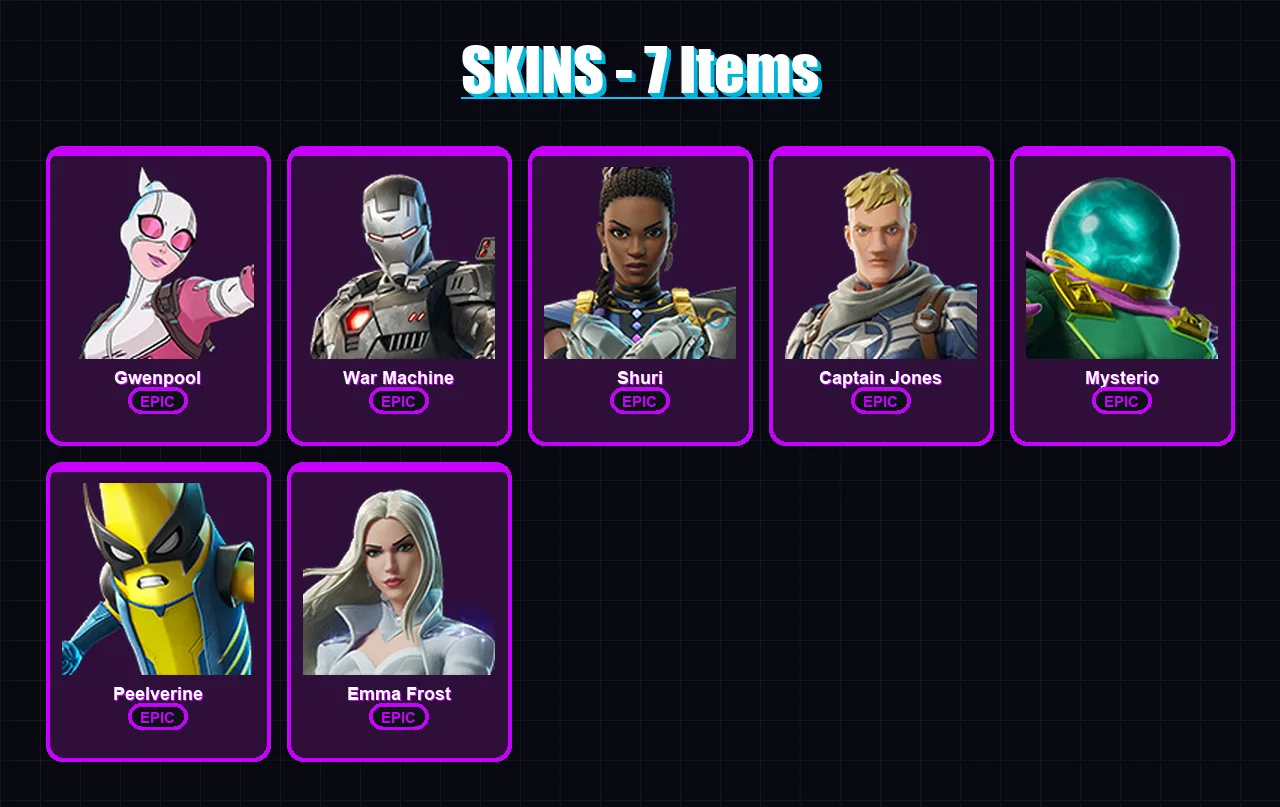 [PC/PSN] | Gwenpool | War Machine | Shuri | Captain Jones | Mysterio | 7 skin | 9 pickaxe | 12 emote | 12 glider | Lv136