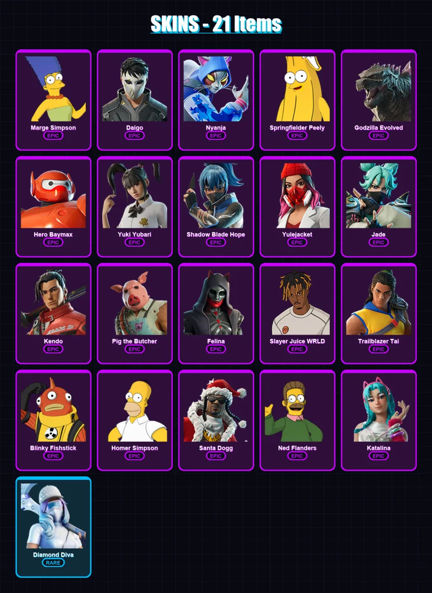 [PC/XBOX/PSN] | Marge Simpson | Daigo | Nyanja | Springfielder Peely | Godzilla Evolved | 21 skin | 59 pickaxe | 27 emote | 38 glider | Lv488