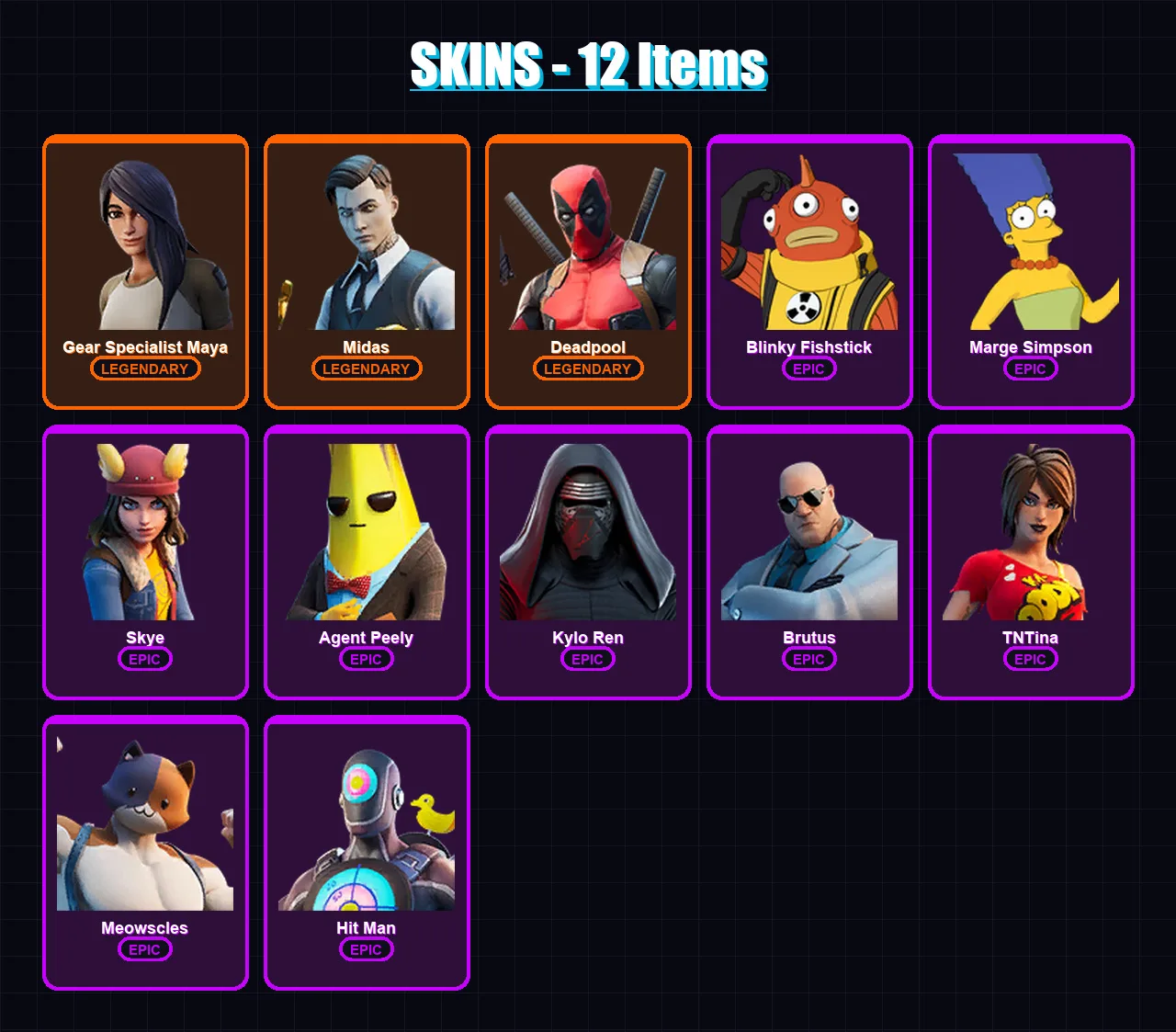 [PC/XBOX/PSN] | Gear Specialist Maya | Midas | Deadpool | Blinky Fishstick | Marge Simpson | 12 skin | 19 pickaxe | 16 emote | 14 glider | Lv175