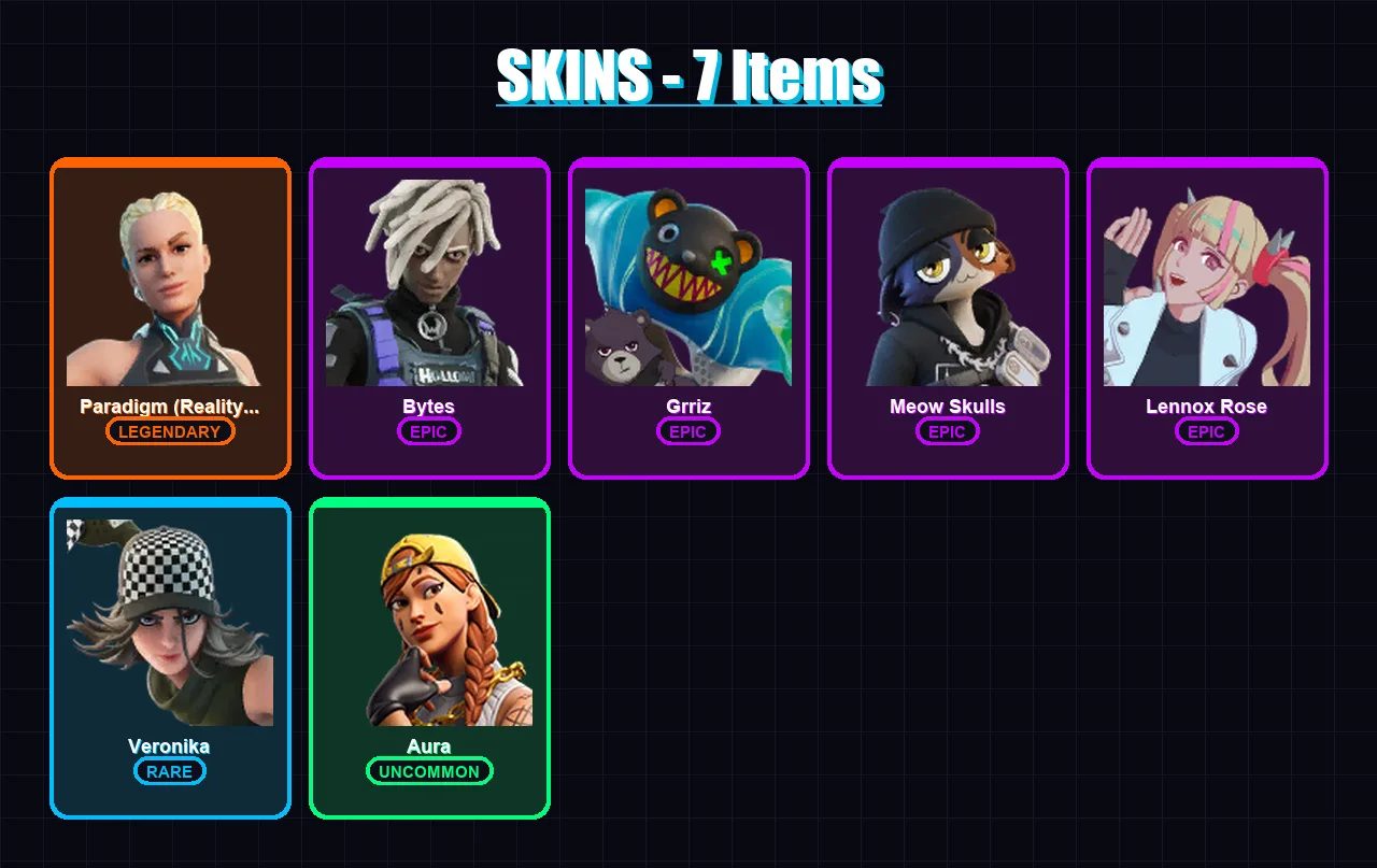 [PC/PSN] | Paradigm (Reality-659) | Bytes | Grriz | Meow Skulls | Lennox Rose | 7 skin | 11 pickaxe | 9 emote | 10 glider | Lv152