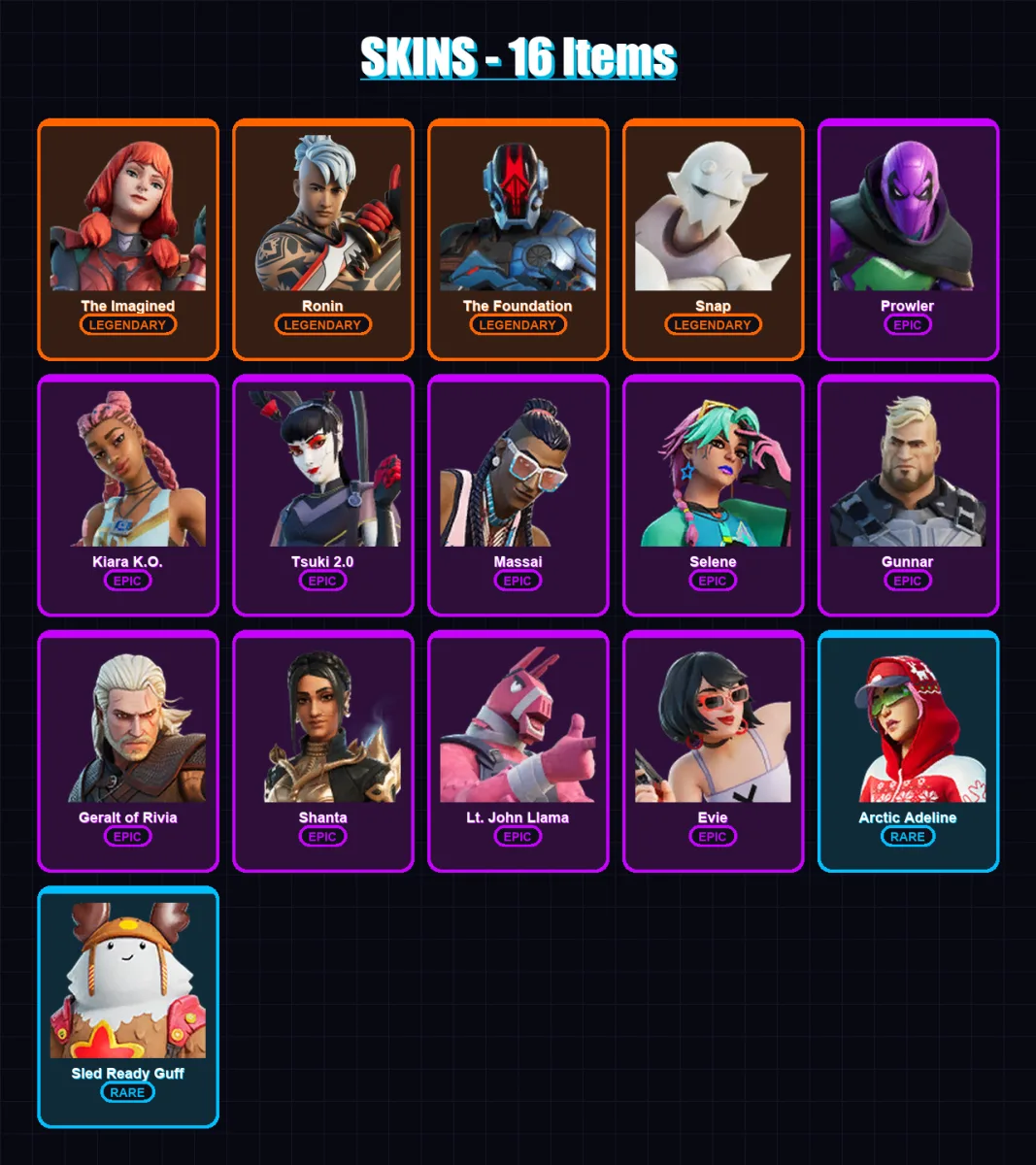 [PC/XBOX/PSN] | The Imagined | Ronin | The Foundation | Snap | Prowler | 16 skin | 37 pickaxe | 21 emote | 37 glider | Lv290