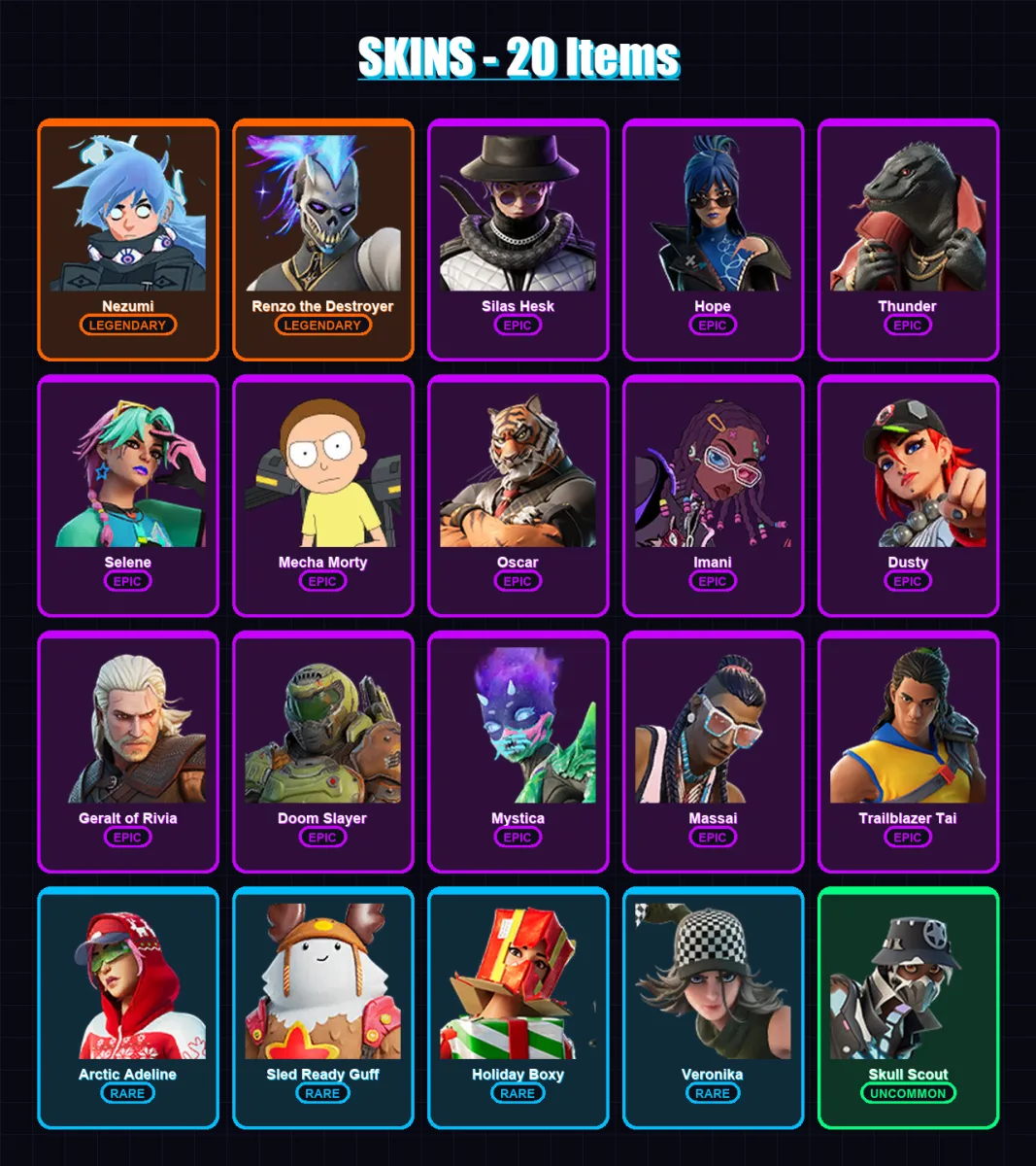 [SWITCH/XBOX/PSN/PC] | Nezumi | Renzo the Destroyer | Silas Hesk | Hope | Thunder | 20 skin | 25 pickaxe | 17 emote | 24 glider | Lv206
