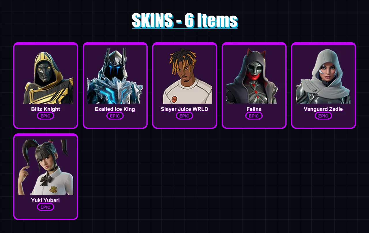 [PC/XBOX/PSN] | Blitz Knight | Exalted Ice King | Slayer Juice WRLD | Felina | Vanguard Zadie | 6 skin | 81 pickaxe | 36 emote | 55 glider | Lv1041