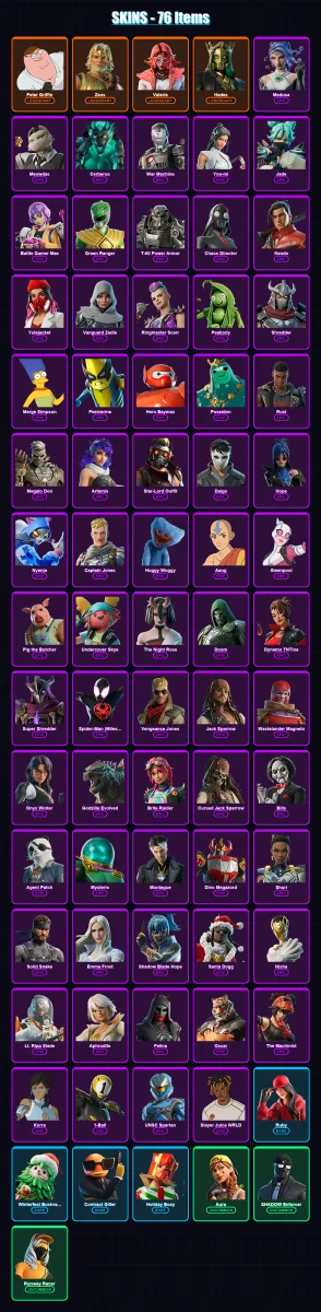 [PC/PSN] | Peter Griffin | Zeus | Valeria | Hades | Medusa | 76 skin | 134 pickaxe | 91 emote | 96 glider | Lv2201