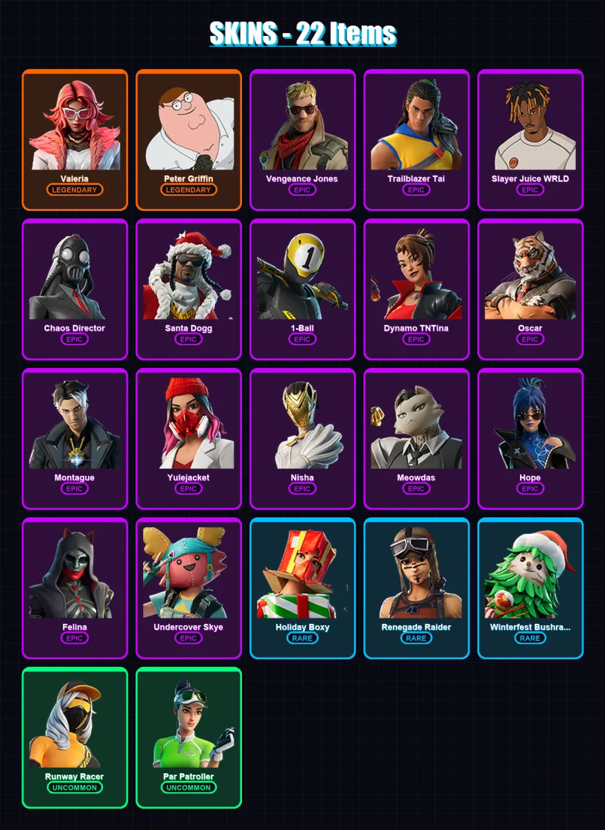 [PC/XBOX/PSN] | Valeria | Peter Griffin | Vengeance Jones | Trailblazer Tai | Slayer Juice WRLD | 22 skin | 43 pickaxe | 20 emote | 24 glider | Lv37