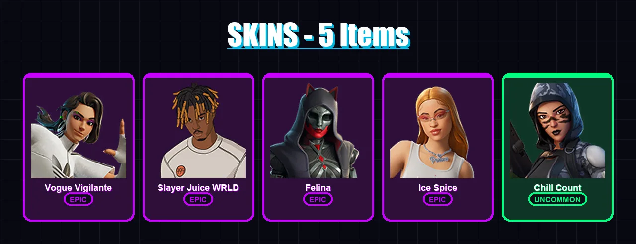 [PC/XBOX/PSN] | Vogue Vigilante | Slayer Juice WRLD | Felina | Ice Spice | Chill Count | 5 skin | 37 pickaxe | 15 emote | 21 glider | Lv367