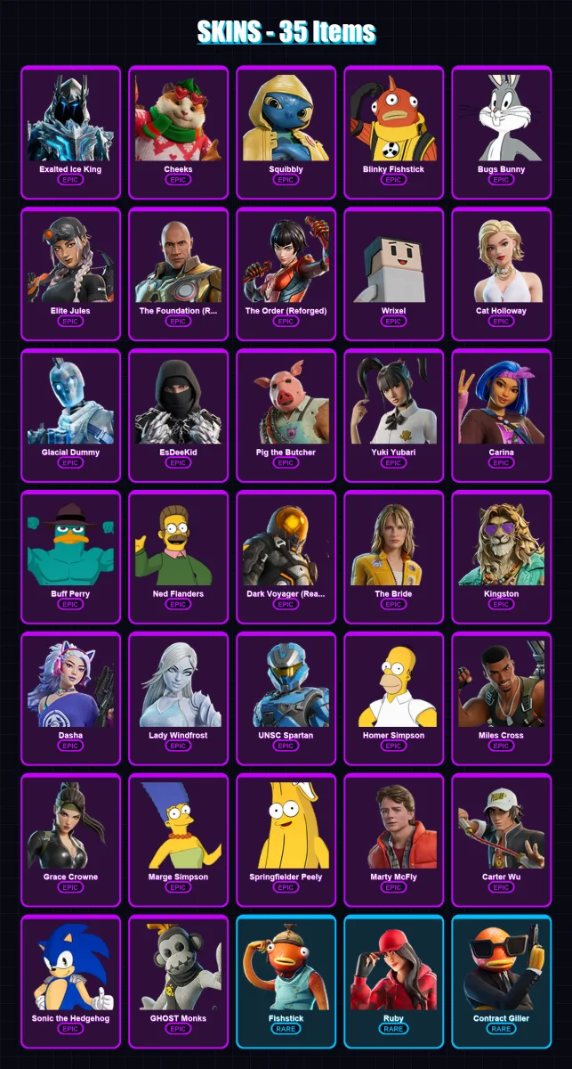 [PC/XBOX] | Exalted Ice King | Cheeks | Squibbly | Blinky Fishstick | Bugs Bunny | 35 skin | 73 pickaxe | 39 emote | 51 glider | Lv1152