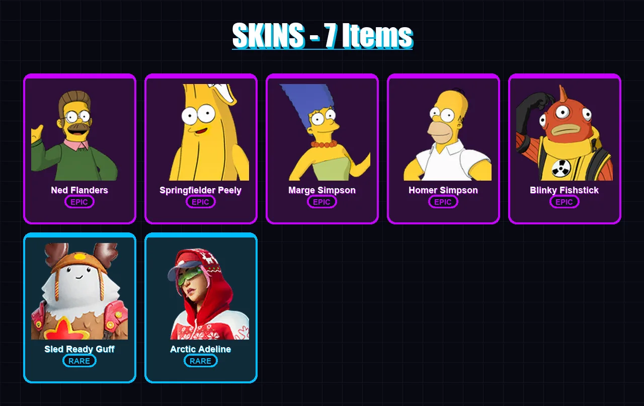 [PC] | Ned Flanders | Springfielder Peely | Marge Simpson | Homer Simpson | Blinky Fishstick | 7 skin | 25 pickaxe | 17 emote | 24 glider | Lv389