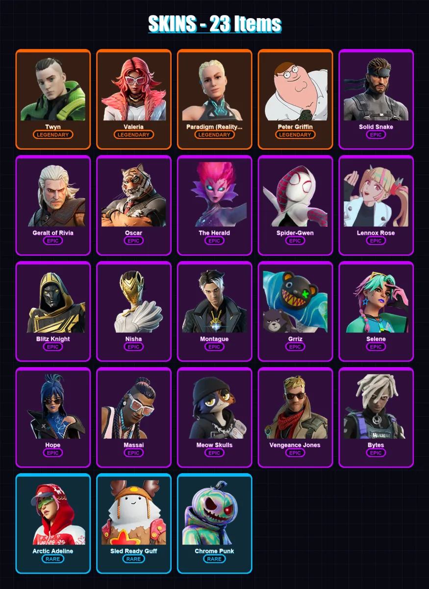 [PC/XBOX/PSN] | Twyn | Valeria | Paradigm (Reality-659) | Peter Griffin | Solid Snake | 23 skin | 32 pickaxe | 22 emote | 33 glider | Lv362