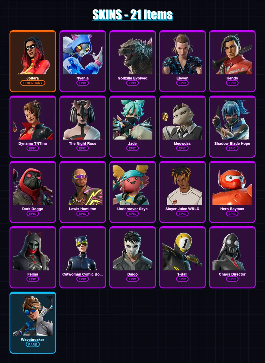 [PC/XBOX/PSN] | Joltara | Nyanja | Godzilla Evolved | Eleven | Kendo | 21 skin | 34 pickaxe | 19 emote | 24 glider | Lv244 — Fortnite account