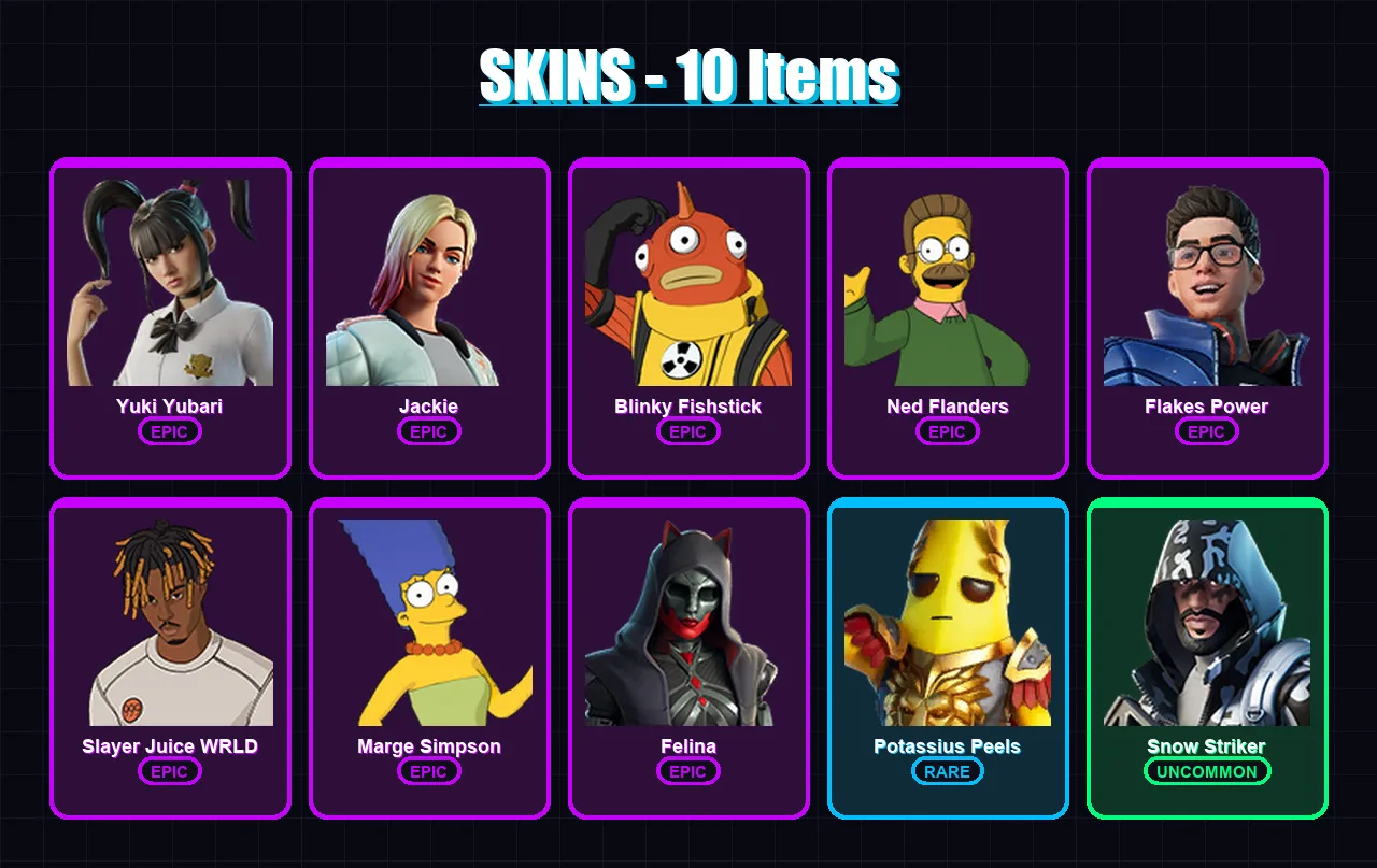 [PC/XBOX/PSN] | Yuki Yubari | Jackie | Blinky Fishstick | Ned Flanders | Flakes Power | 10 skin | 40 pickaxe | 16 emote | 27 glider | Lv396