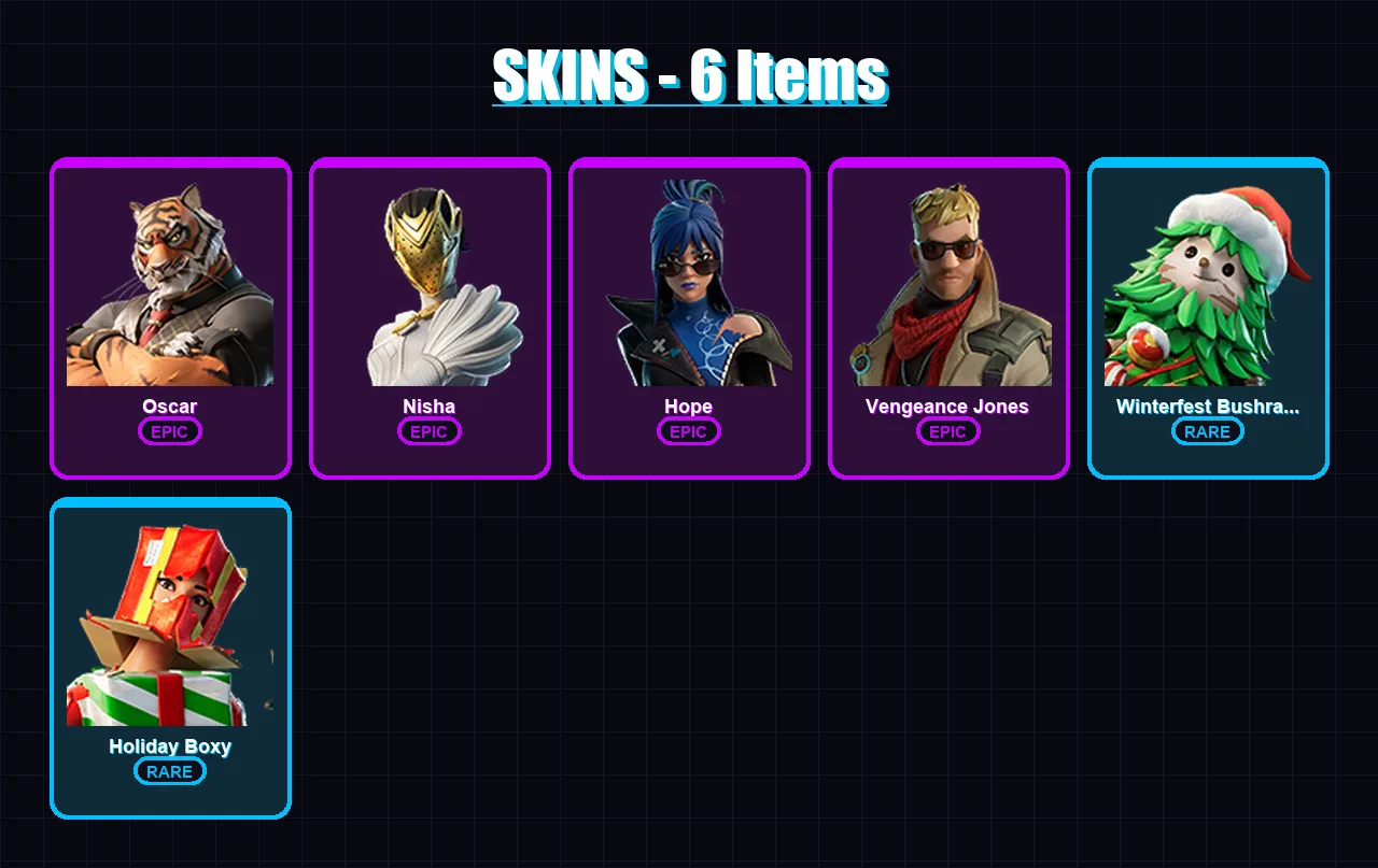 [PS4/PS5/XBOX/PC] | Oscar | Nisha | Hope | Vengeance Jones | Winterfest Bushranger | 6 skin | 12 pickaxe | 9 emote | 12 glider | Lv166